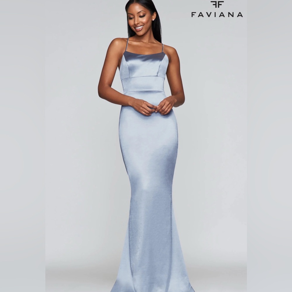 Faviana Strappy S10375 Plunging Back Laced Gown Sweep Train in Frost Blue Size 2